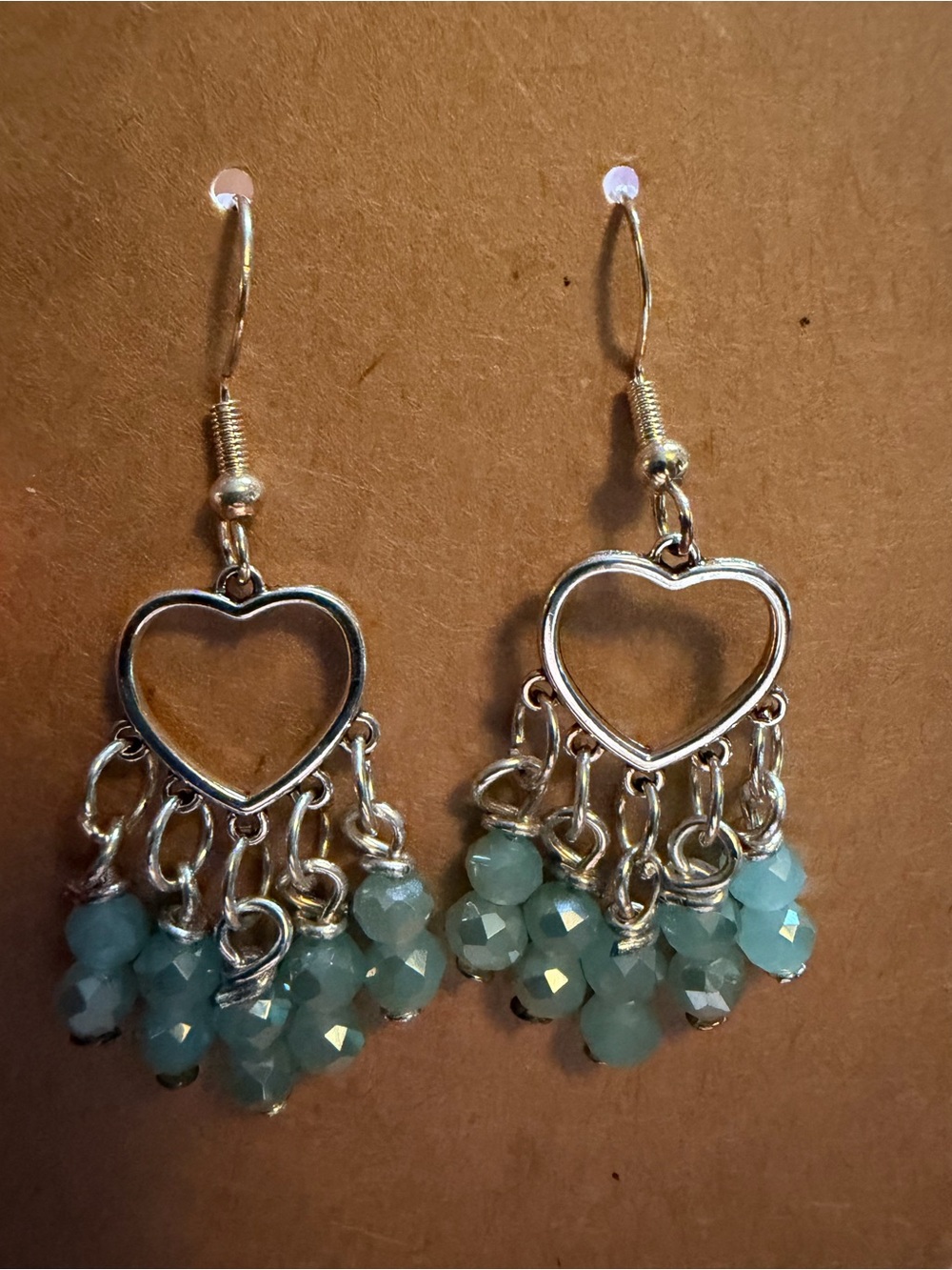 Silver Heart Dangle Earrings with Light Aqua Beads